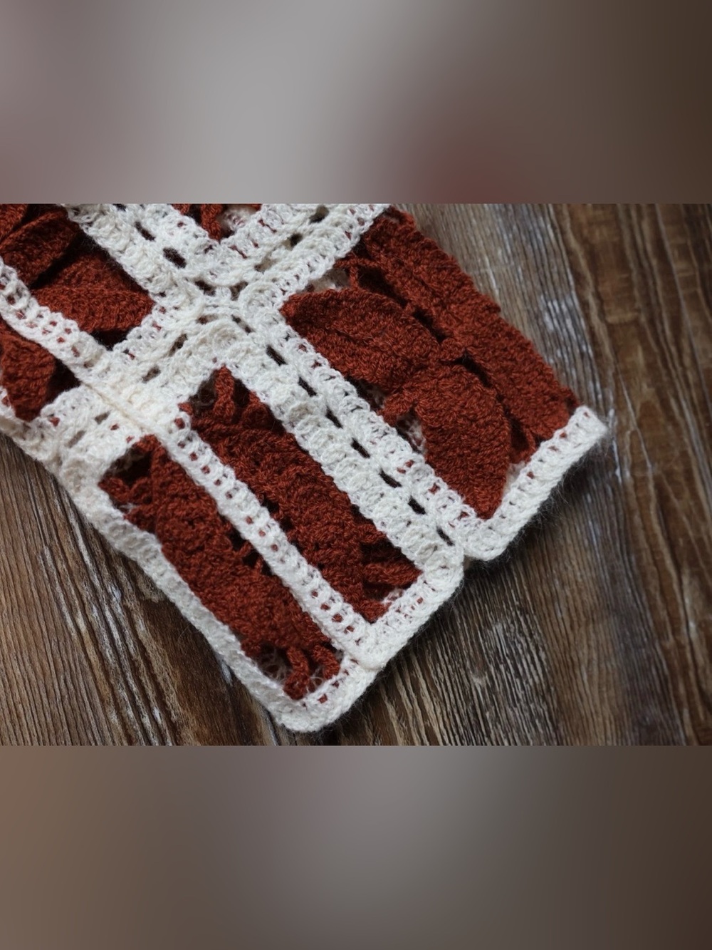 Cropped Crochet Floral Granny Square Sweater Top Hippie Boho Rust Ivory Size S - Picture 5 of 13